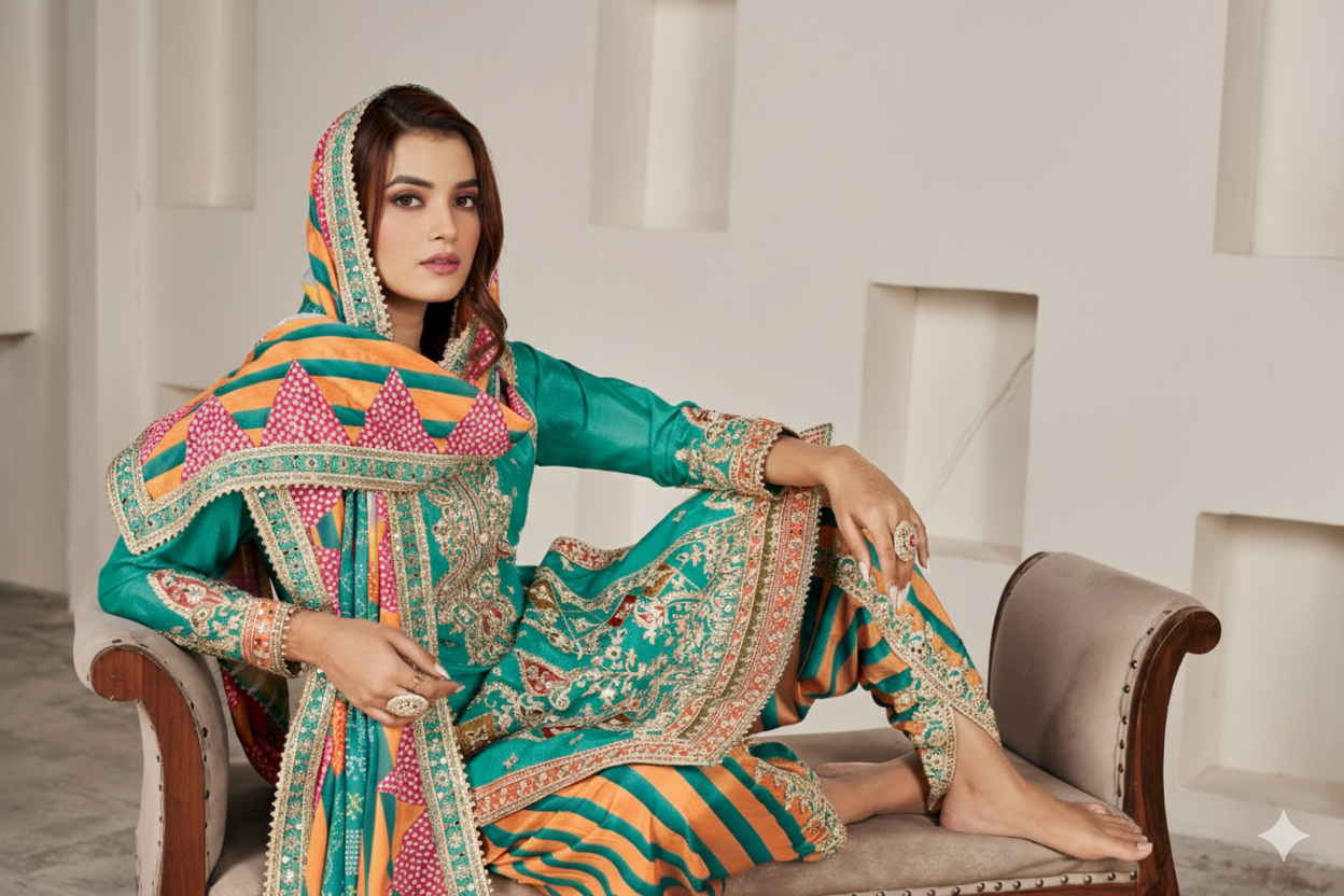 Green Silk Suit with Zari Embroidery with Designer Dhoti Pant & Dupatta