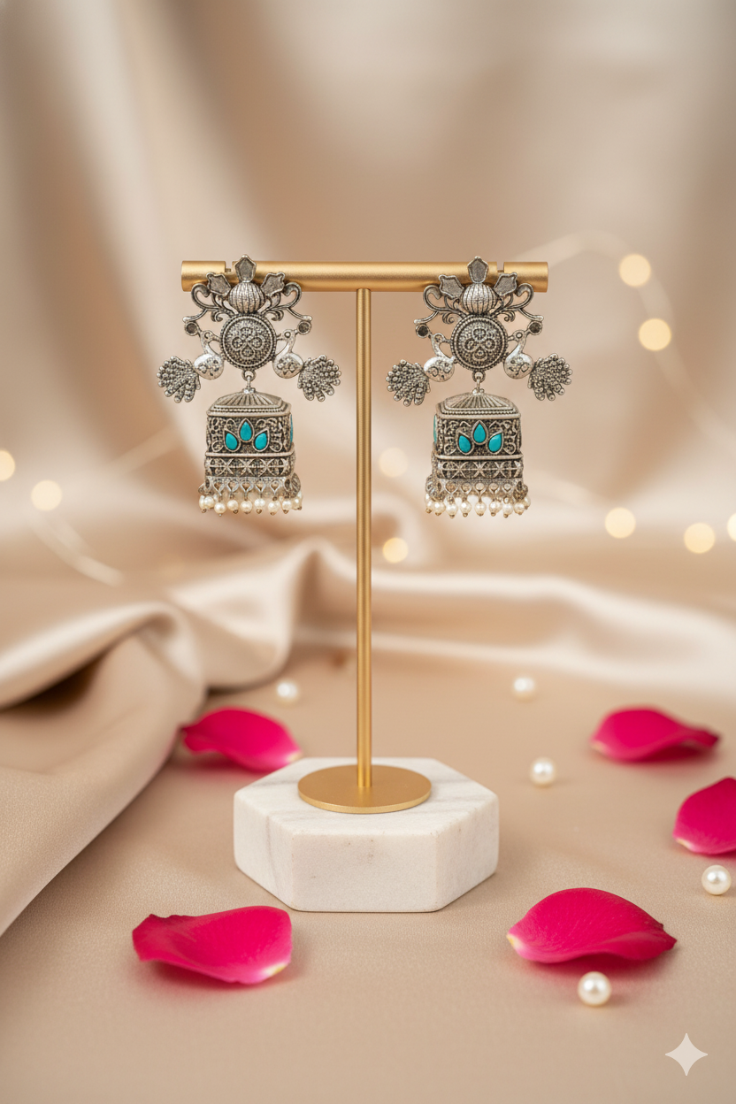 Oxidized Metal Meenakari Square Jhumka Jewellery with Suspended Pearls