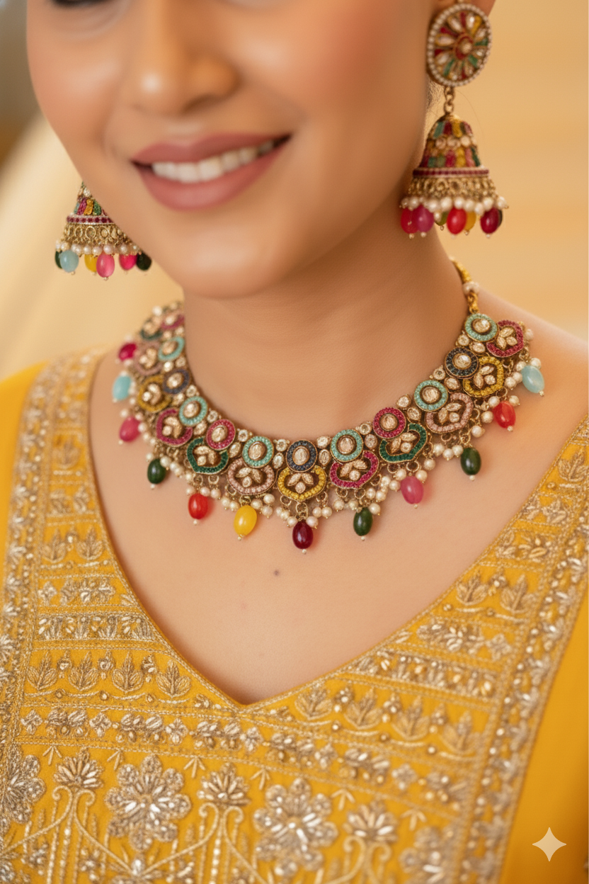 Multi-Color Necklace Jewellery Set with Maang Tikka and Passa