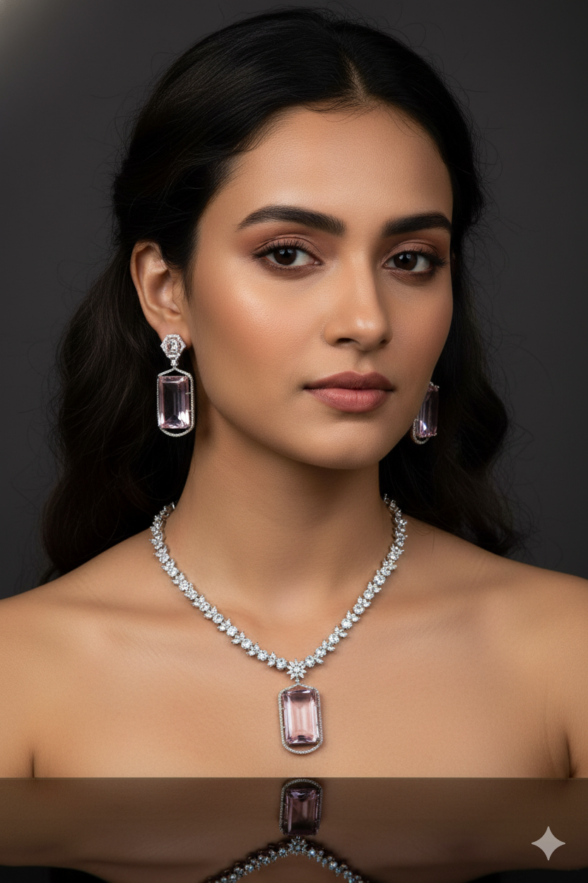 Rose Gold American Diamond Jewellery Necklace with Earrings