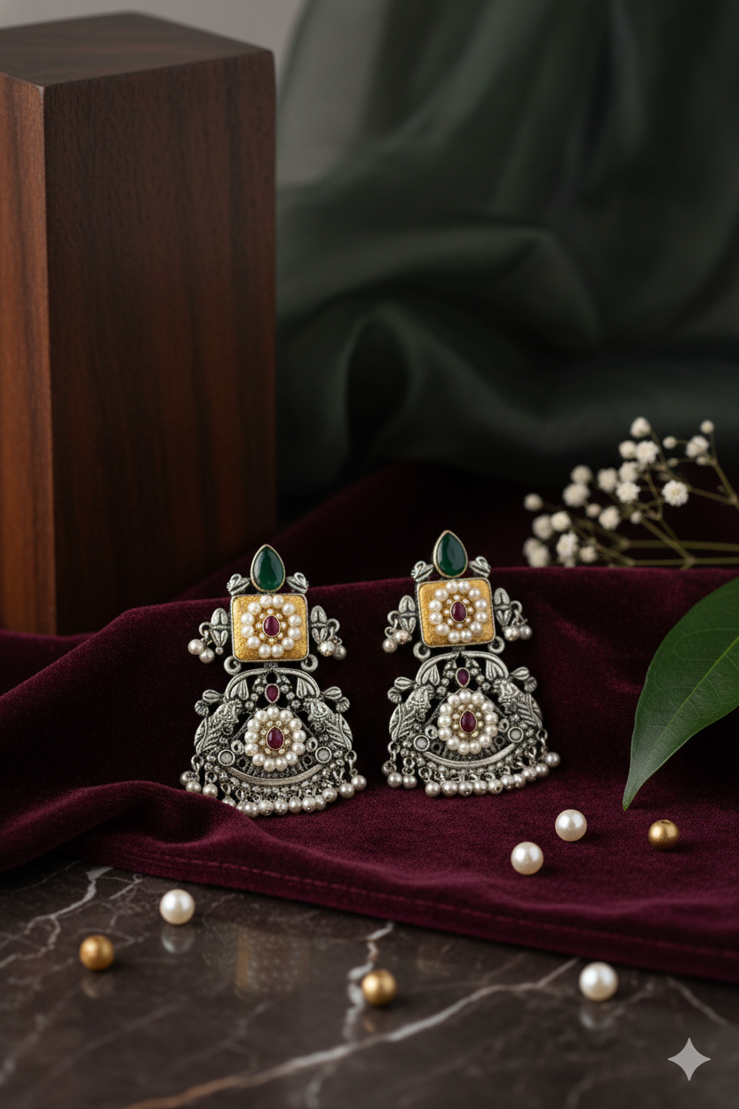Antique Gold Finish Earrings Jewellery with Drop Pearls and Ghungroos