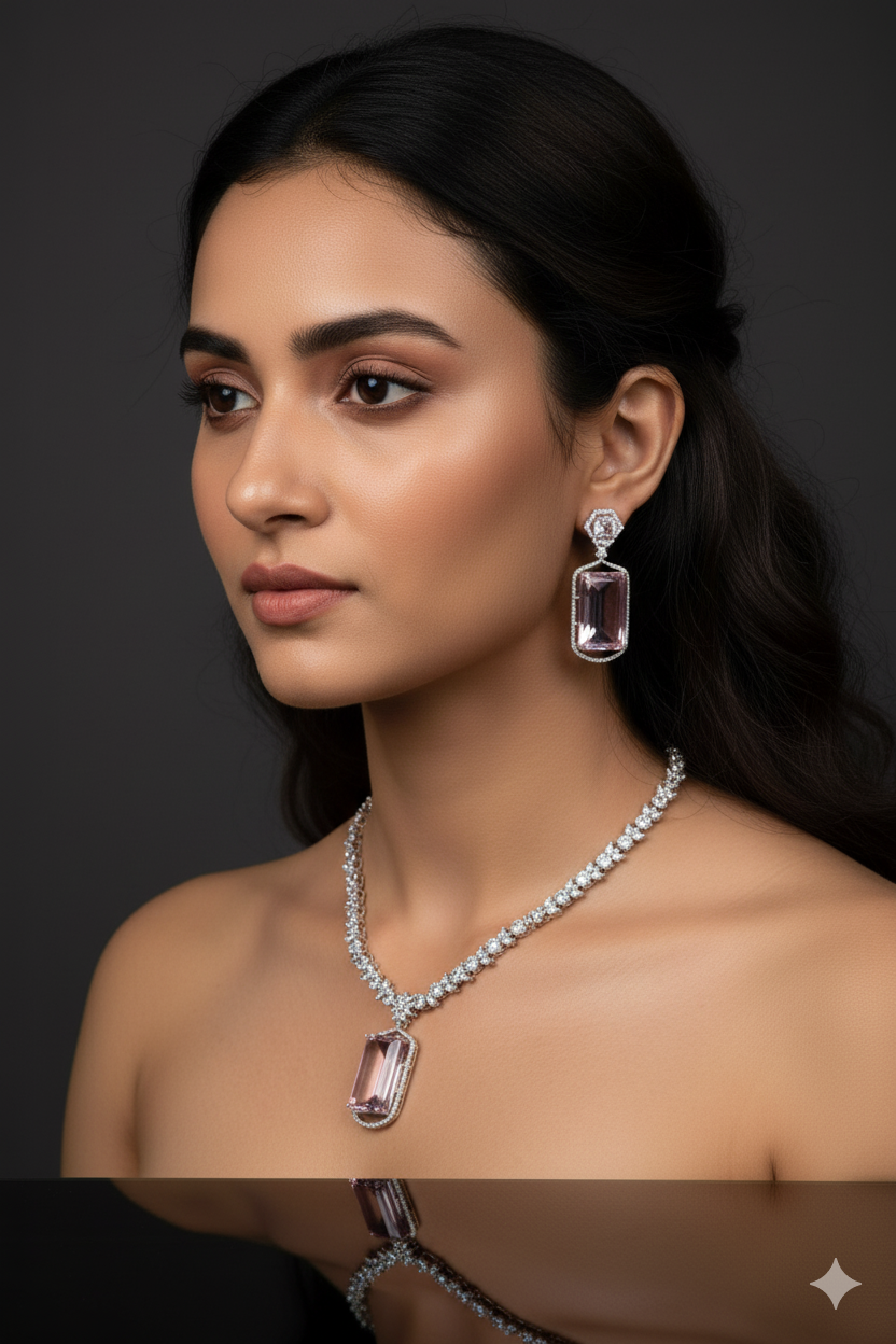Rose Gold American Diamond Jewellery Necklace with Earrings