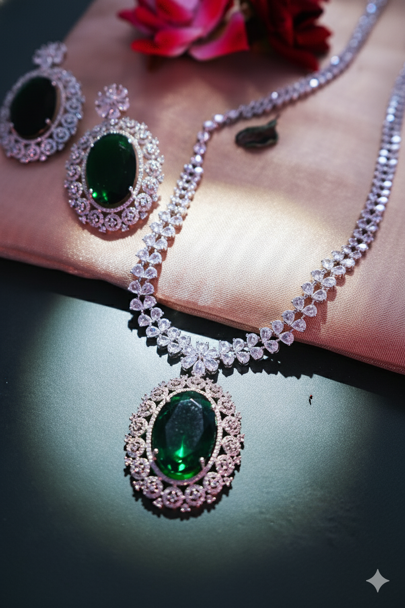 Emerald Green American Diamond Necklace with Earrings Jewellery Set