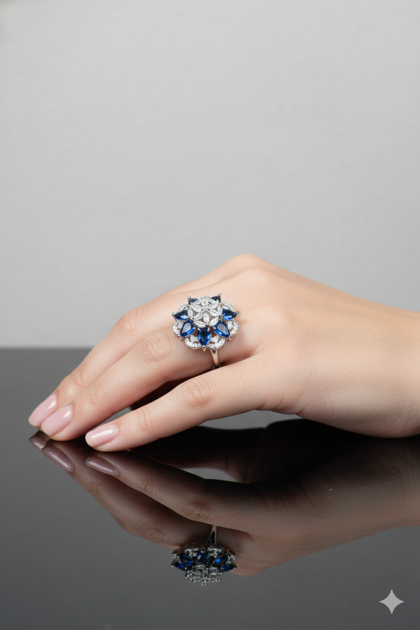 American Diamond Round Shaped Blue-Colored Multiple Stone Ring Jewellery