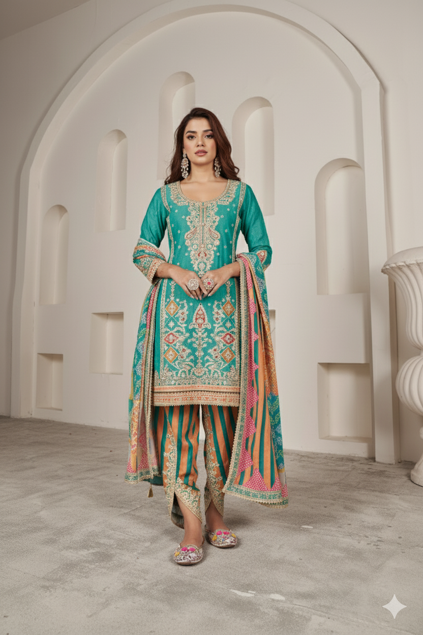 Orange Silk Suit with Zari Embroidery with Designer Dhoti Pant & Dupatta