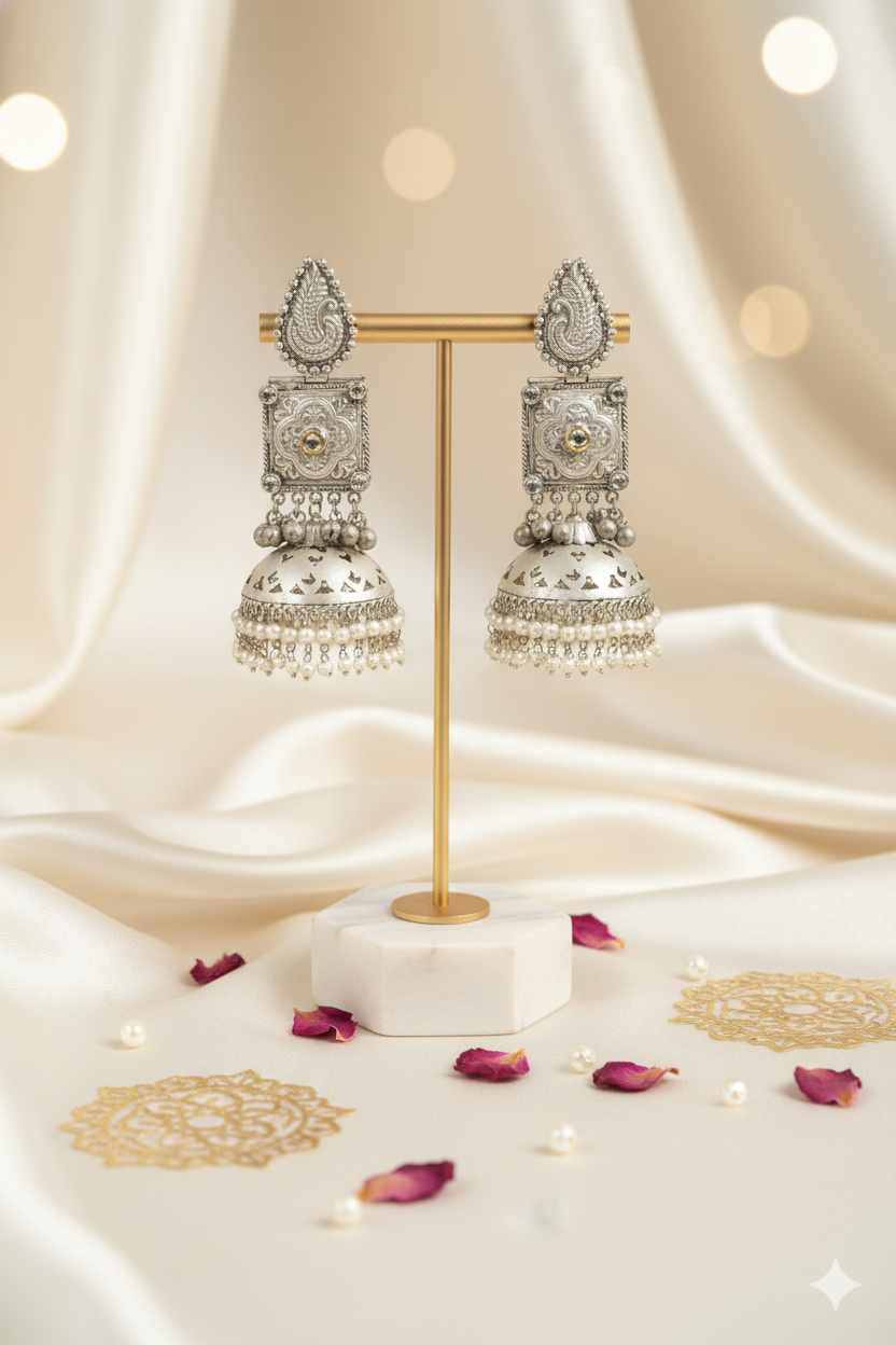 Oxidized Metal Hanging Pearls Jhumka Jewellery