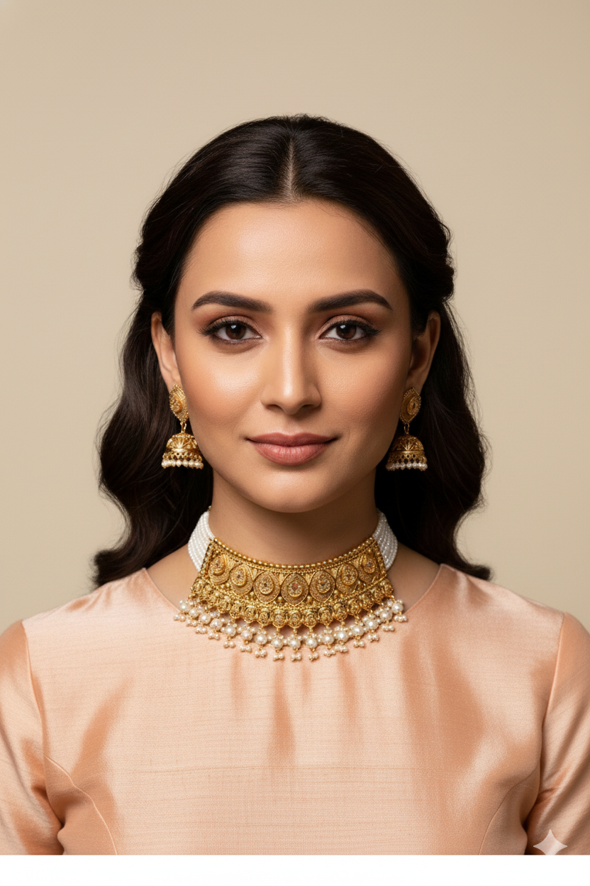 Handcrafted Gold Stone and Pearl Choker Jewellery with Matching Earrings