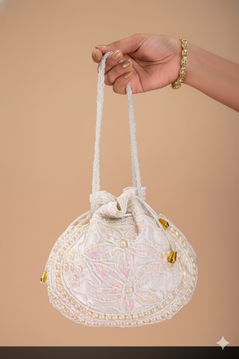 Ivory Cream Potli with Handmade Pearl and Sequin Design