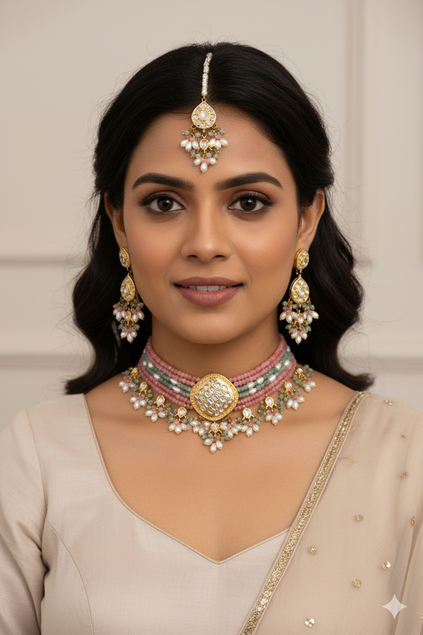 Gold Finish Stone Kundan Multicolor Beads and Pearls Choker Jewellery