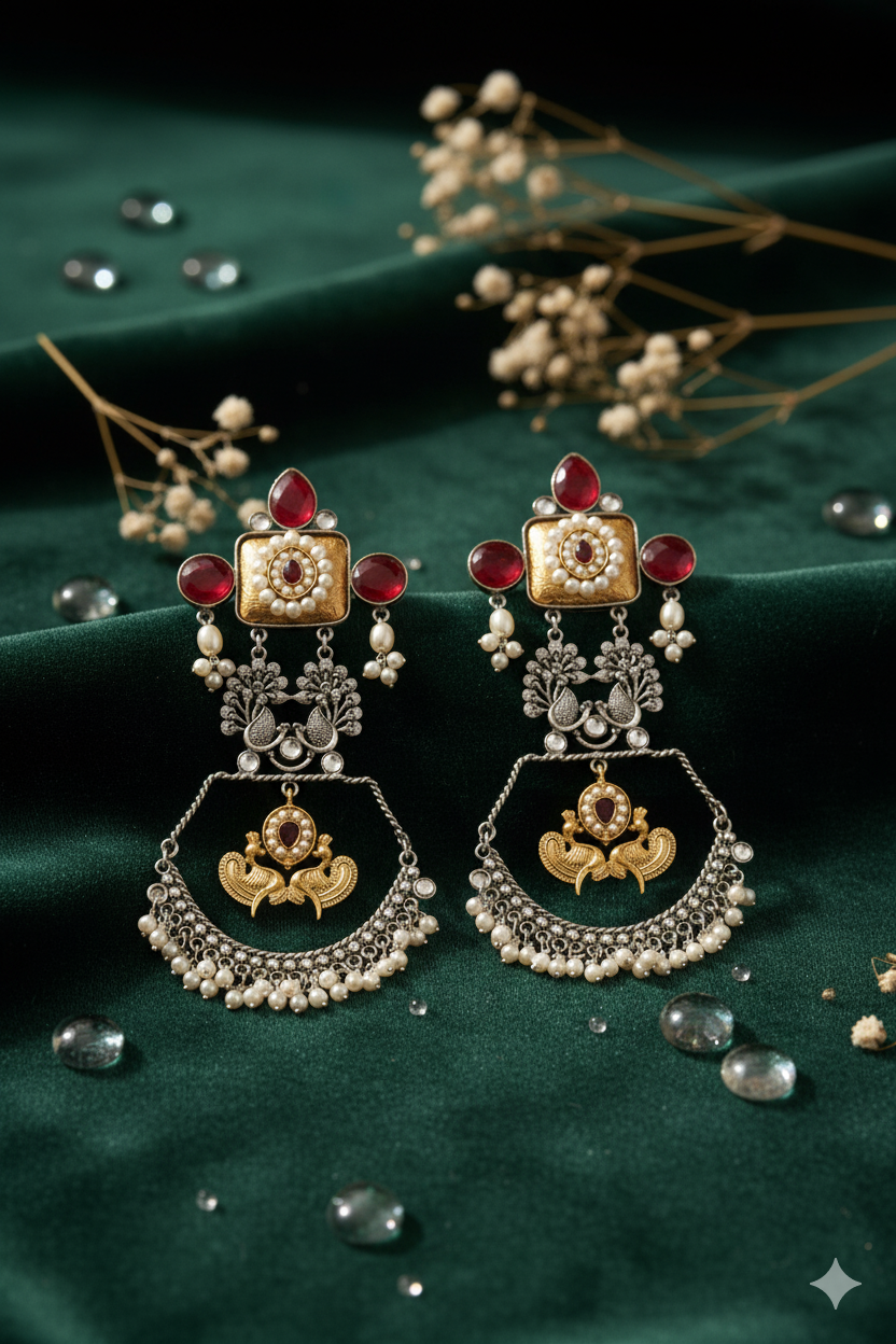 Long Oxidized Antique Earrings Jewellery with Kundan, Peacock Design & Ghungroo Accents