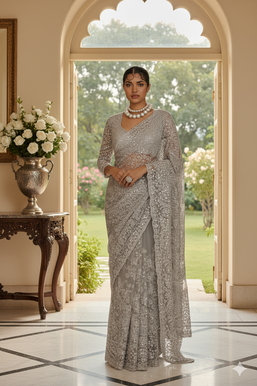 Grey Super Net Saree Featuring Sequin & Swarovski Detailing