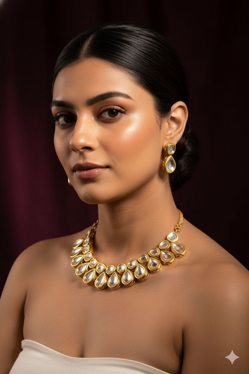 Gold Finish Kundan Choker Jewellery with Tear Drop Design