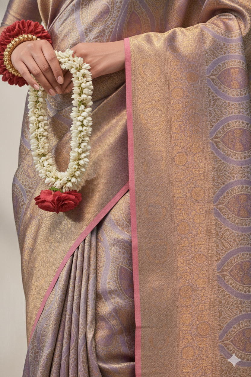Two-Tone Peach Purple Weaving Silk Saree with Contrast Selvage Border