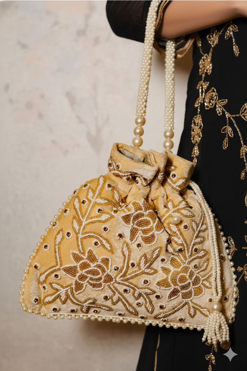 Handwork Beige Pearl and Bead Potli with Pearl Handle and Velvet Base