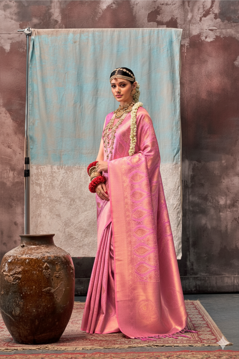 Two-Tone Peach Purple Handloom Weaving Silk Saree with Contrast Selvage Border