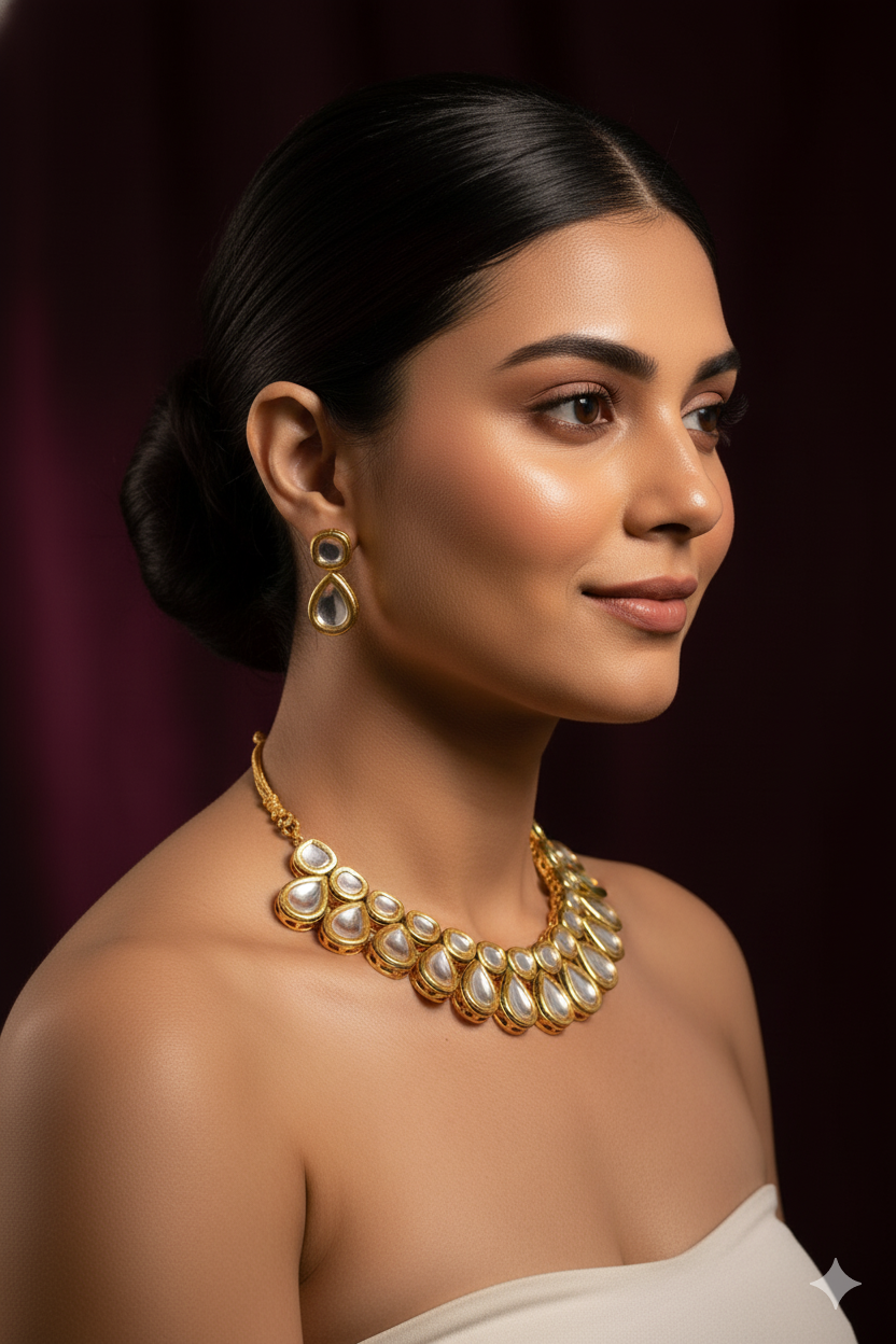 Gold Finish Kundan Choker Jewellery with Tear Drop Design