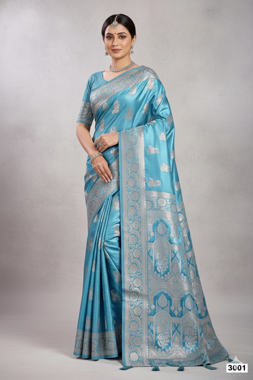 Sky Blue Banarasi Satin Silk Rich Pallu Saree with Silver Zari Weaving Detailing