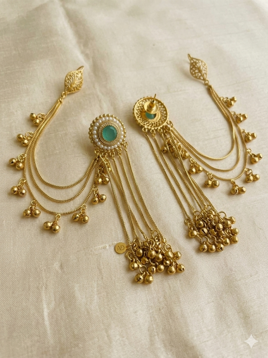 Gold-Tone Kundan Style Ear Cuffs with Green Stone Detailing & Pearl Drops