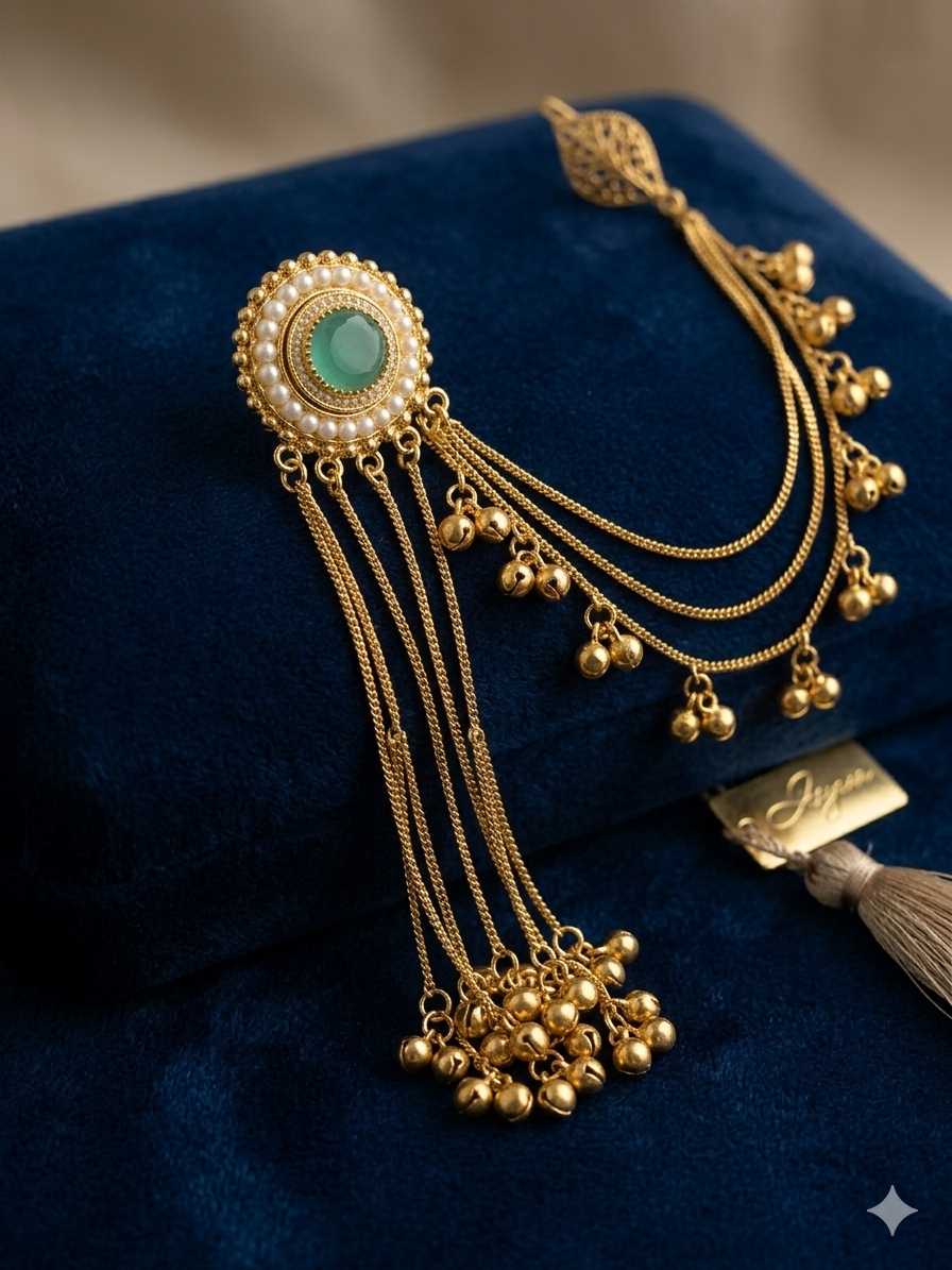 Gold-Tone Kundan Style Ear Cuffs with Green Stone Detailing & Pearl Drops