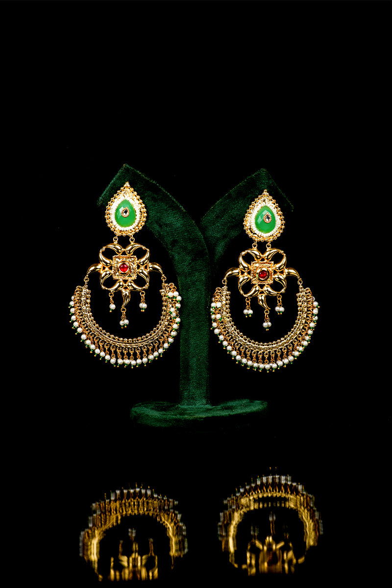 Gold Chad Bali Earrings with Kundan Work, Stones, and Pearls in Mixed Metal - Mayrake