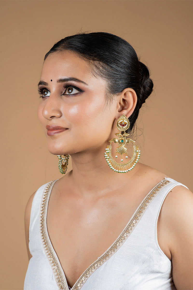 Gold Chad Bali Earrings with Kundan Work and Pearls in Mixed Metal - Mayrake
