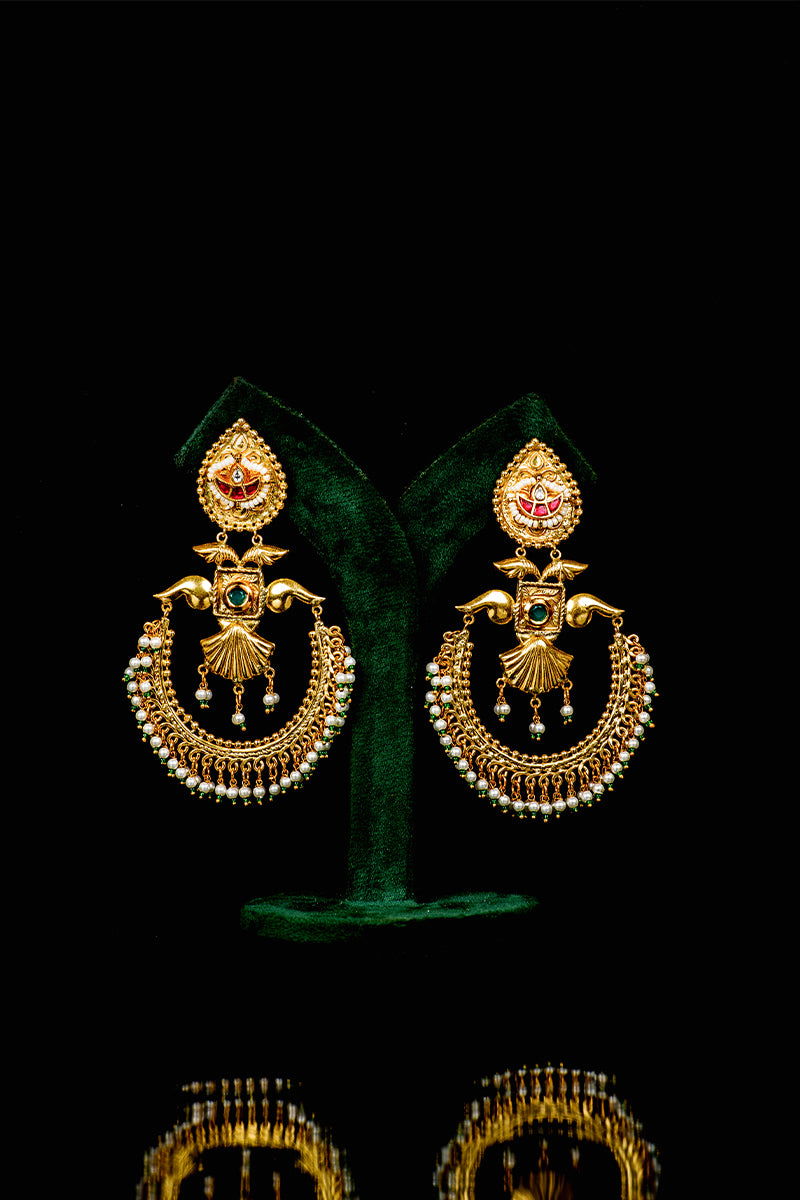 Gold Chad Bali Earrings with Kundan Work and Pearls in Mixed Metal - Mayrake