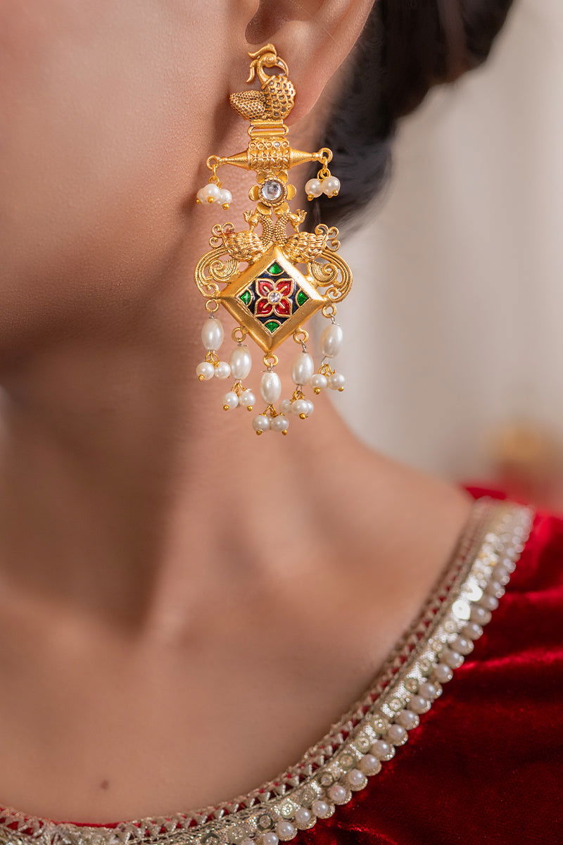 Gold Finish Earrings with Drop Pearl and Kundan - Mayrake - 