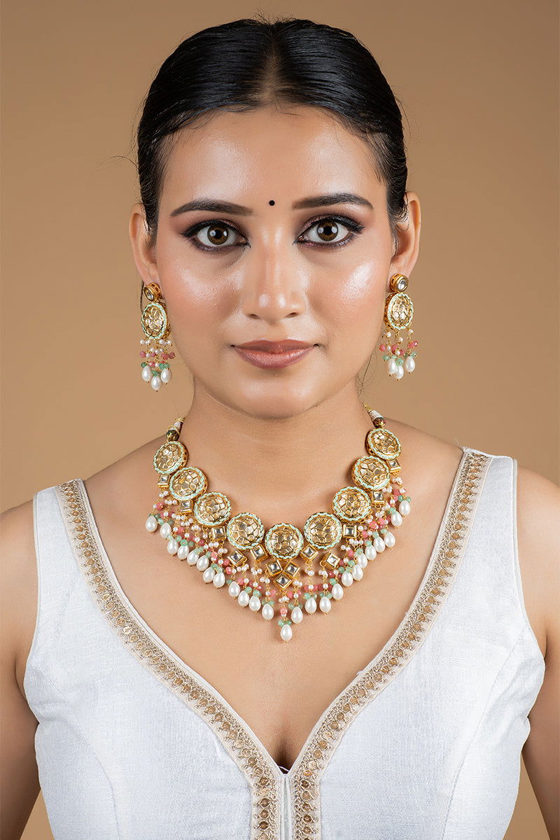 Gold Finish Kundan Multi-Color Beads and Pearls Necklace - Mayrake.in