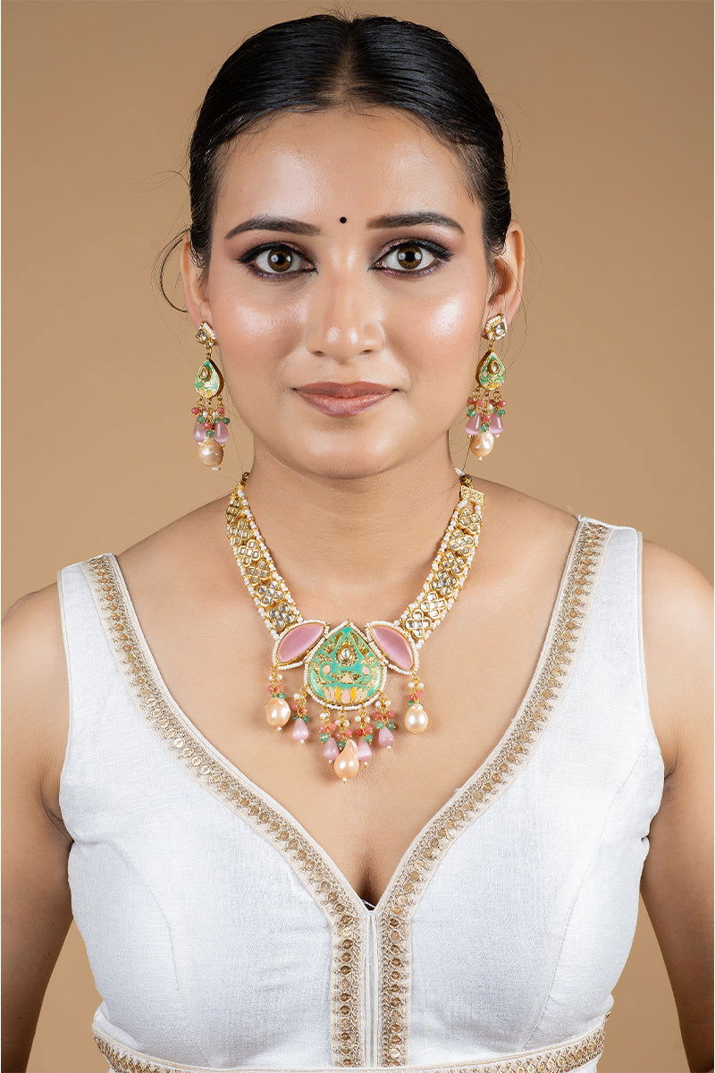 Gold Finish Kundan Necklace with Multi-Color Beads and High-Quality Pearls - Mayrake
