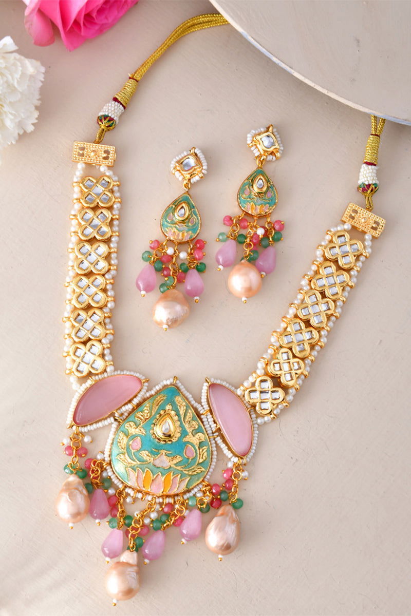 Gold Finish Kundan Necklace with Multi-Color Beads and High-Quality Pearls - Mayrake
