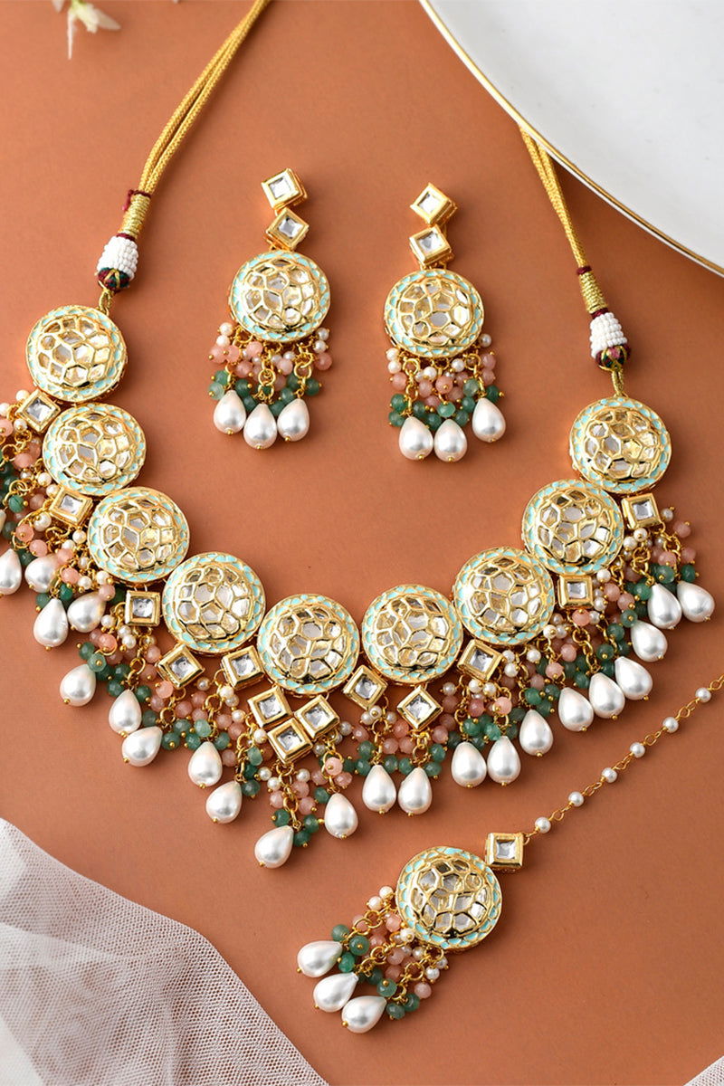 Gold Finish Kundan Necklace with Multi-Color Beads and High-Quality Pearls - Mayrake