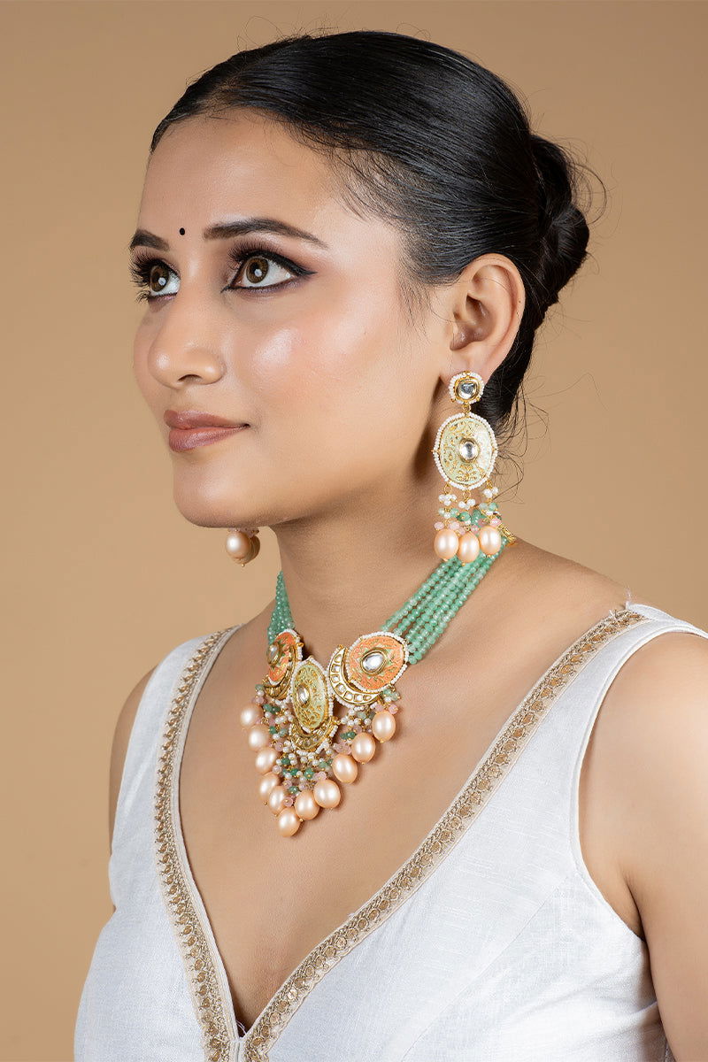 Gold Finish Kundan Necklace with Sea Green Beads and High-Quality Pearls - Mayrake