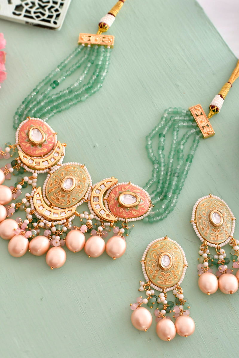 Gold Finish Kundan Necklace with Sea Green Beads and High-Quality Pearls - Mayrake