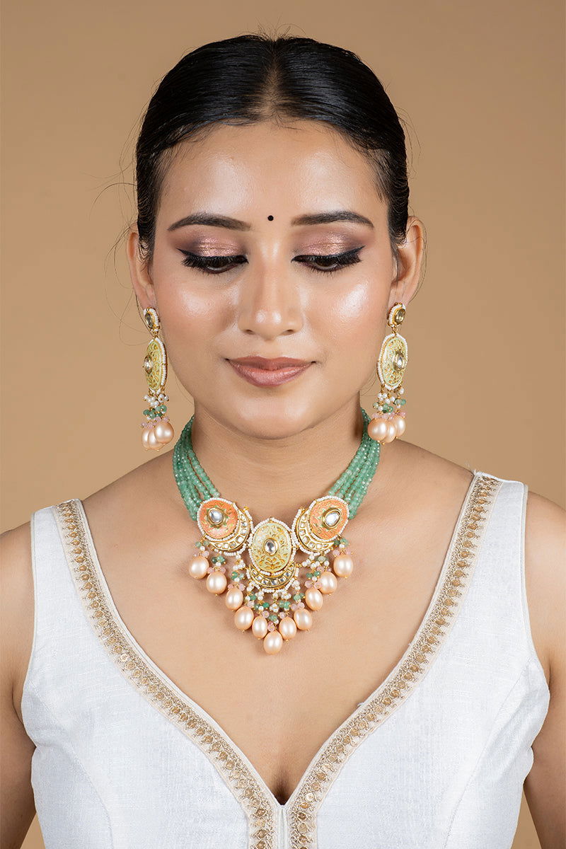 Gold Finish Kundan Sea Green Beads and Pearls Necklace - Mayrake.in