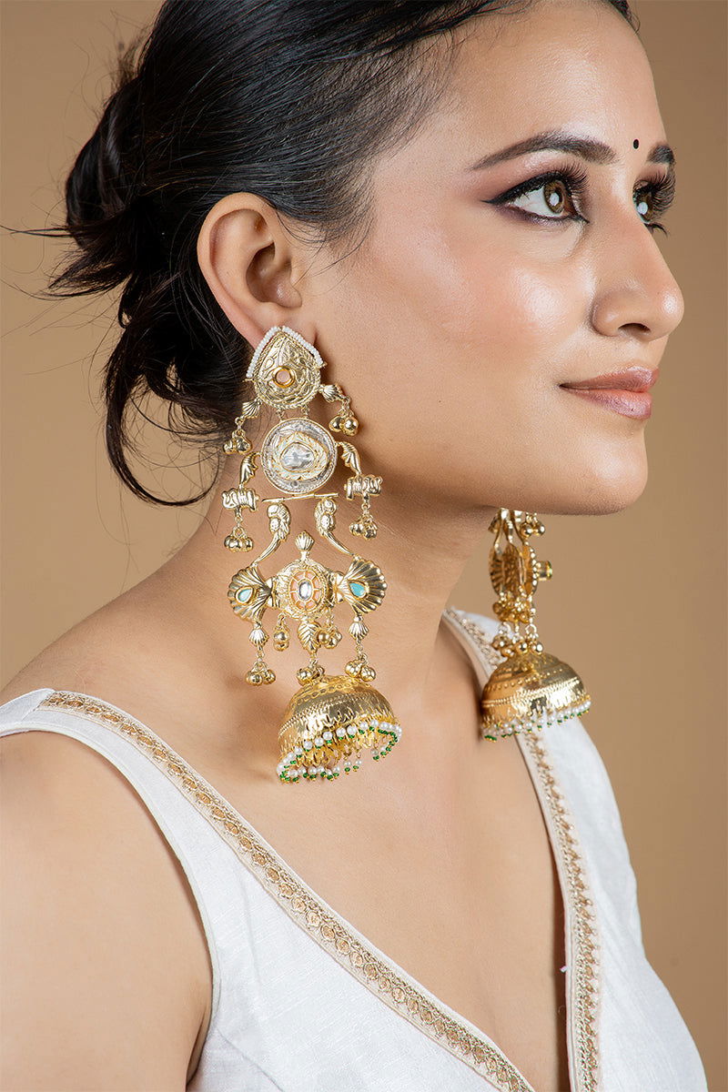 Gold Maharani Jhumka Earrings with Kundan Work and Pearls in Mixed Metal - Mayrake