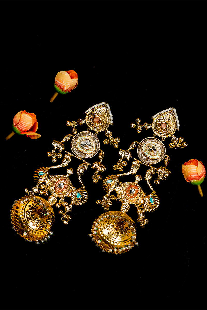 Gold Maharani Jhumka Earrings with Kundan Work and Pearls in Mixed Metal - Mayrake