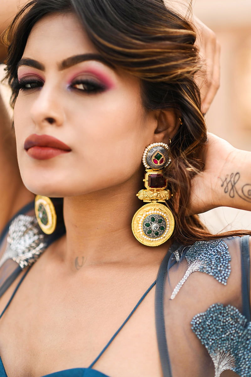 Gold Metal Earrings with Kundan Ruby Stones and Pearl Accents - Mayrake - 