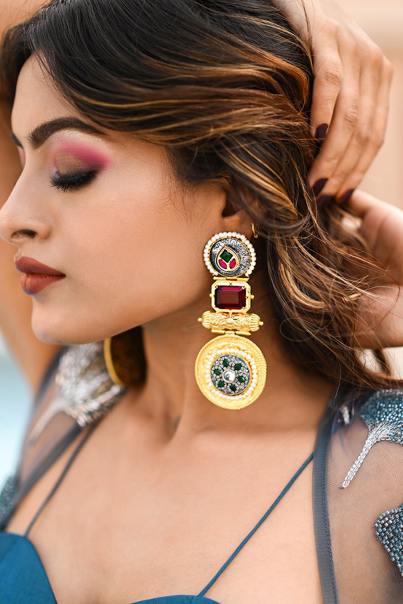 Gold Metal Kundan Ruby Stones Pearl Accents Earrings - Mayrake.in