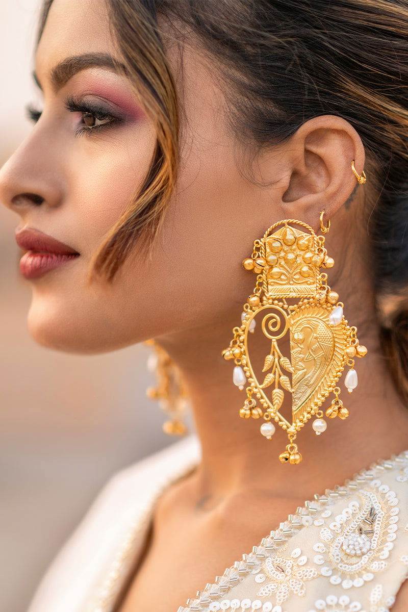 Gold Metal Paan-Shaped Earrings with Teardrop Pearls and Ghungroo Accents - Mayrake - 