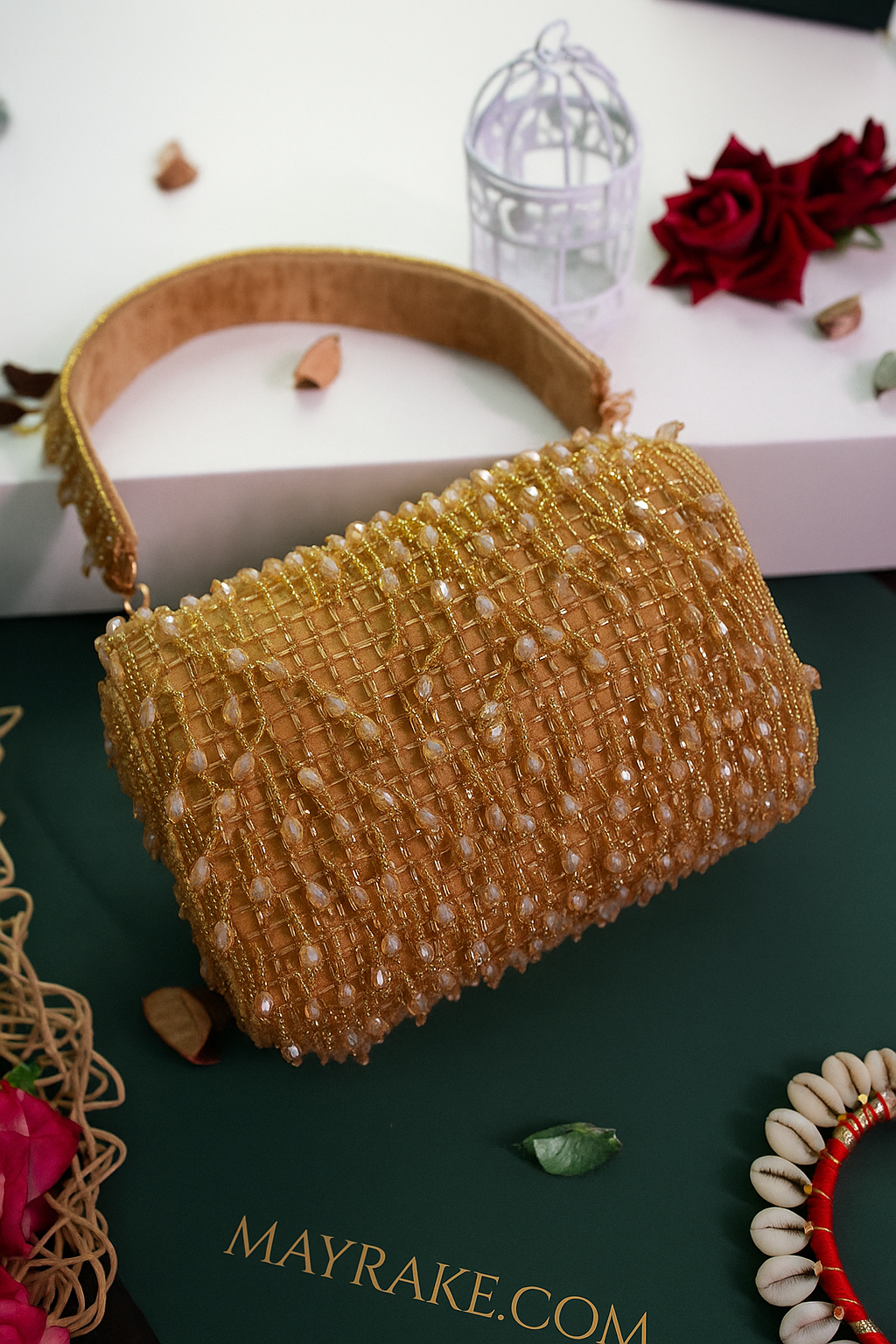 Golden Beige Velvet Clutch with Tassels and Beads - Mayrake.in