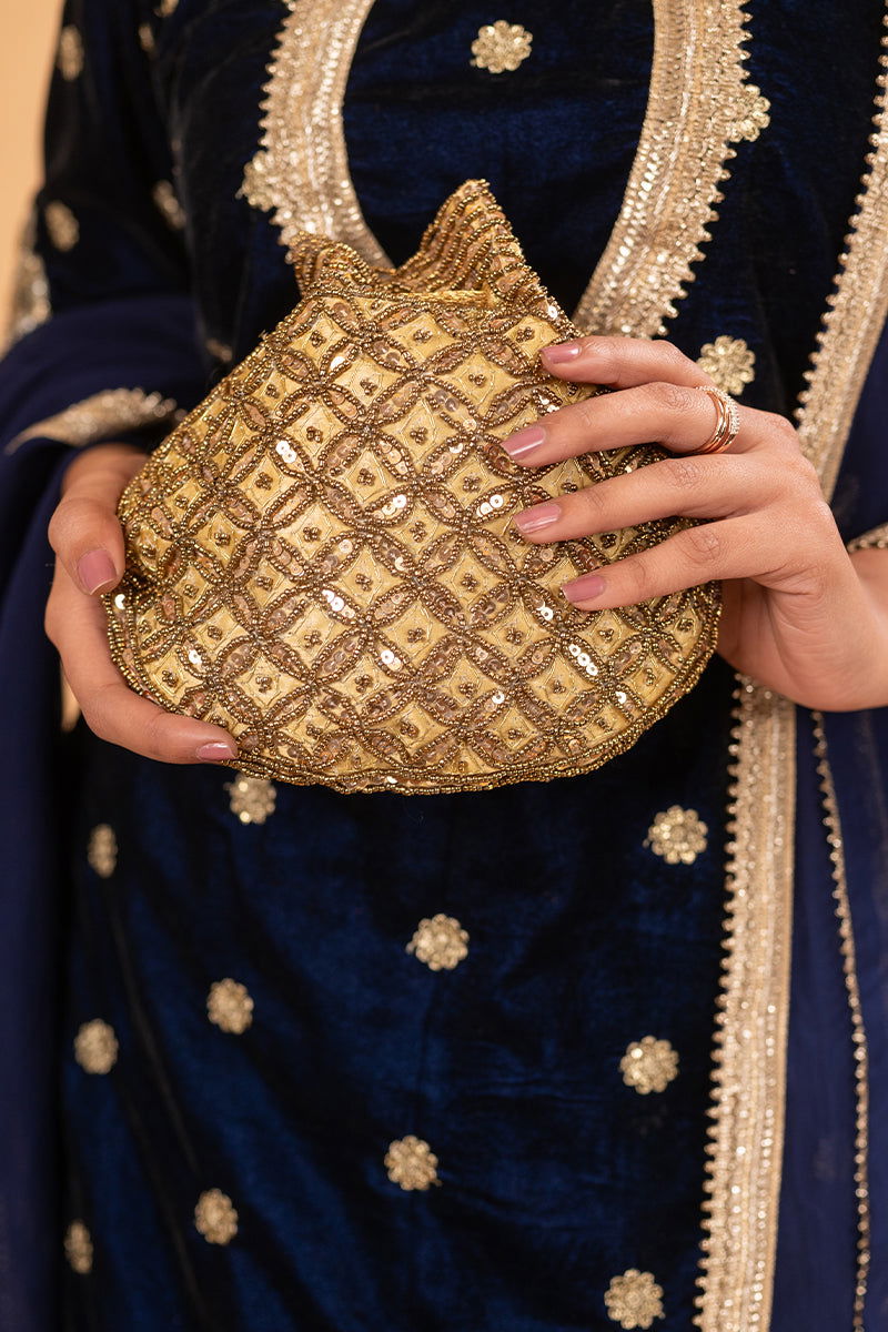 Golden Color Potli with Full Gold Pearls and Sequin Work - Mayrake.in