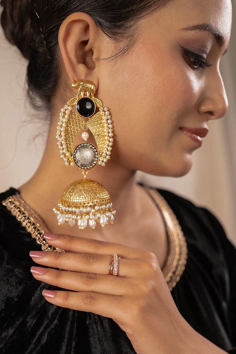 Golden Jhumka Earrings with Pearls and Black Stone - Mayrake - 