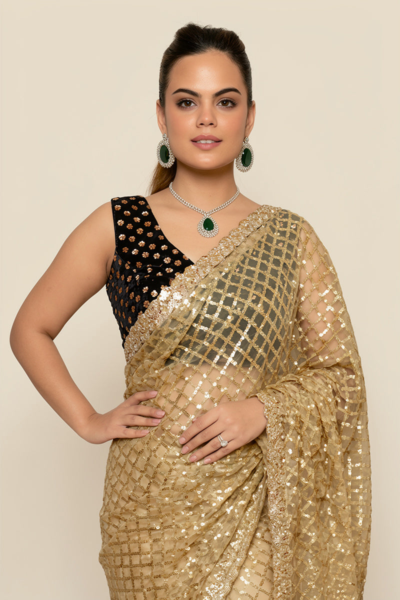 Golden Super Net Saree With Sequined Work with Stitched Blouse
