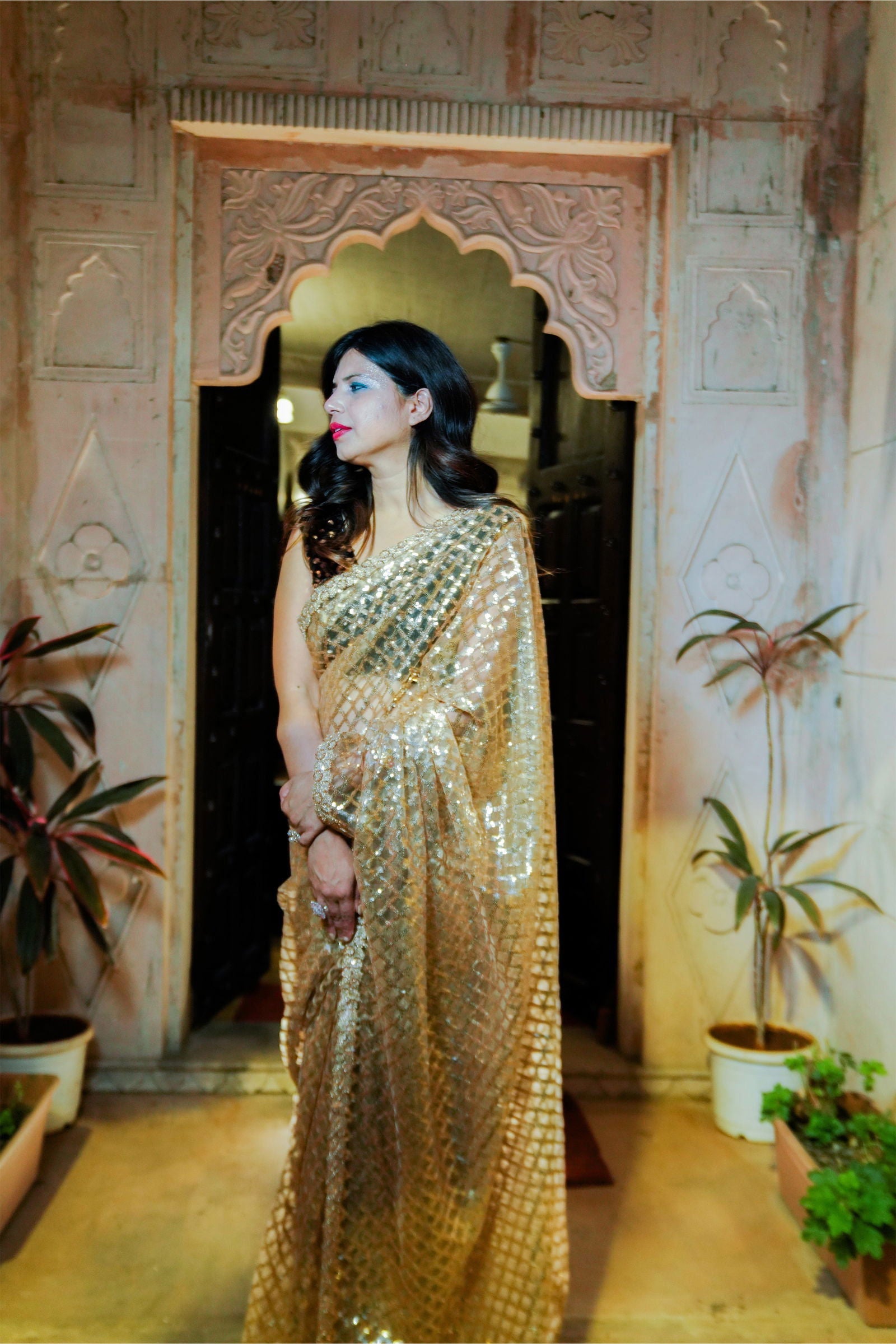 Golden Super Net Saree With Sequined Work with Stitched Blouse - Mayrake.in