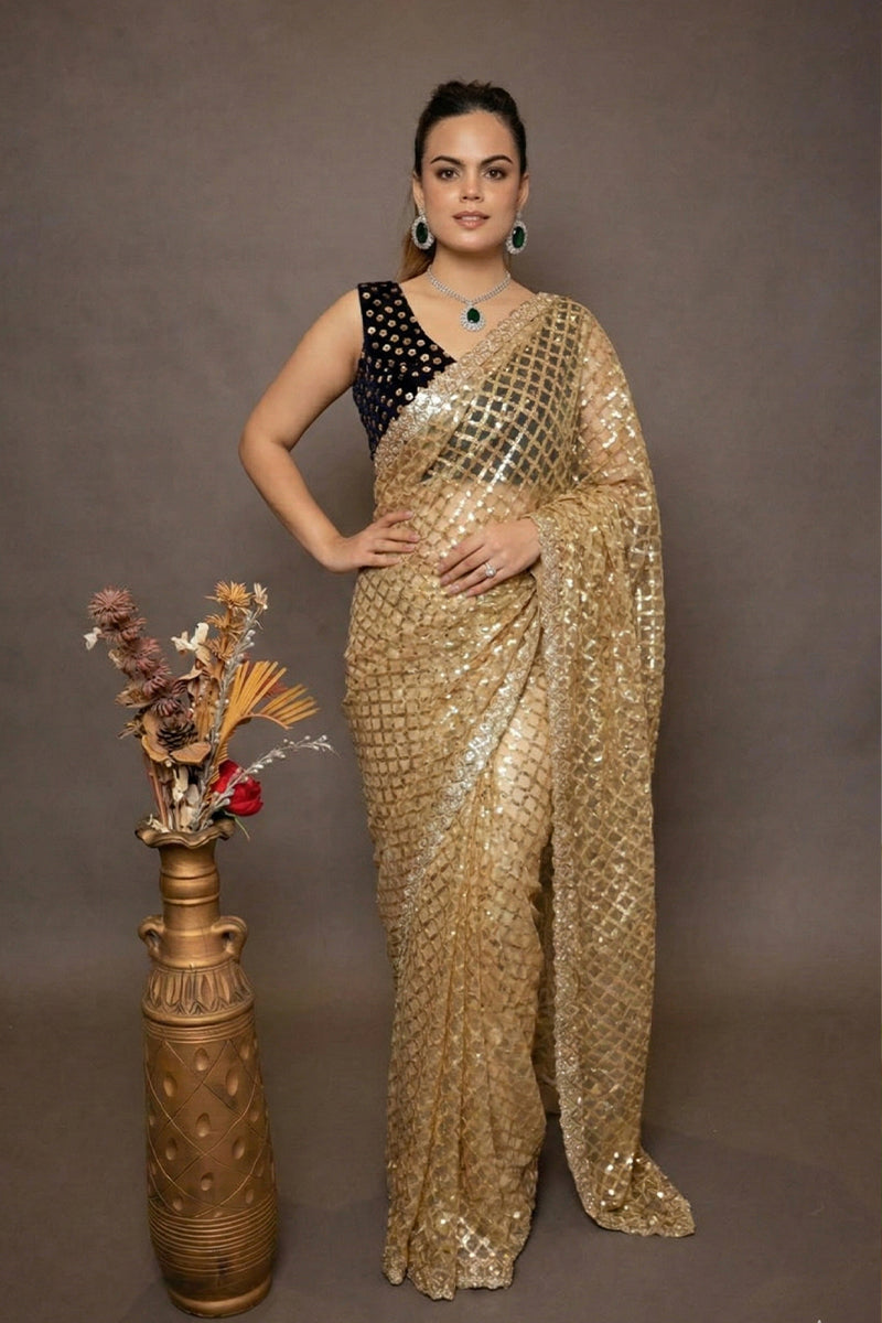 Golden Super Net Saree With Sequined Work with Stitched Blouse