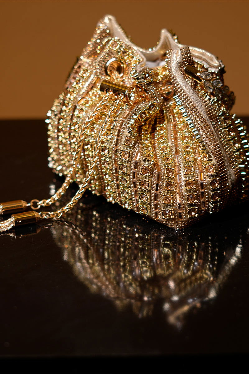Golden Swarovski Beads Potli with Designer Handle and Velvet Base - Mayrake.in