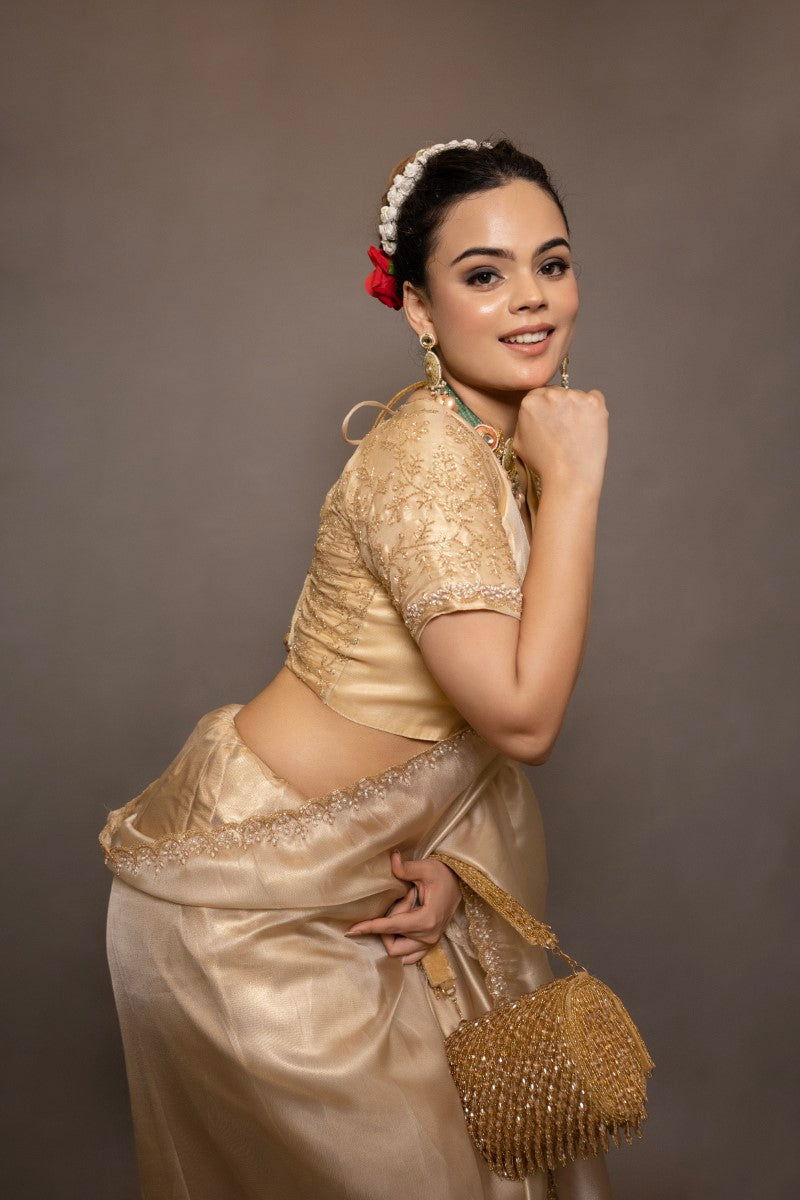 Golden Tissue Saree With Sequined Handwork - Mayrake.in