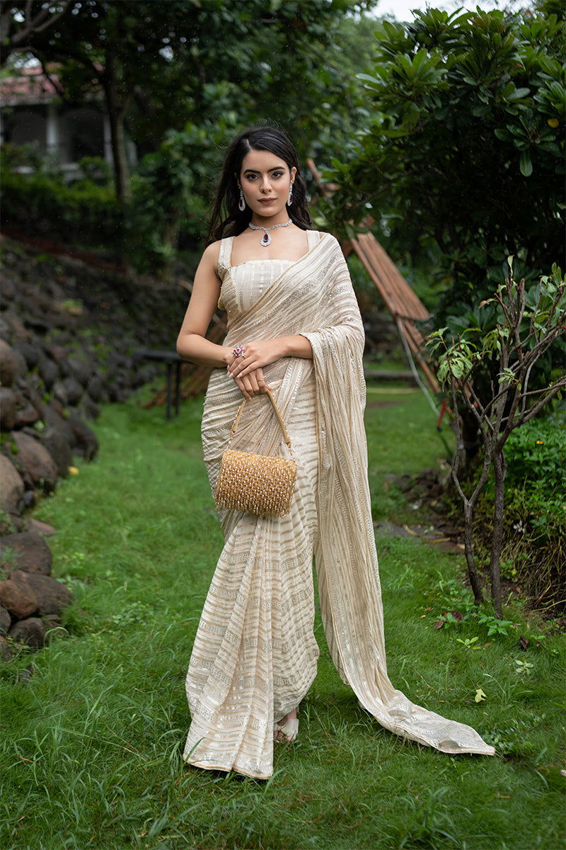 Gorgeous Cream Ivory Georgette  Sequin Work Saree with Stitched Designer Blouse - Mayrake