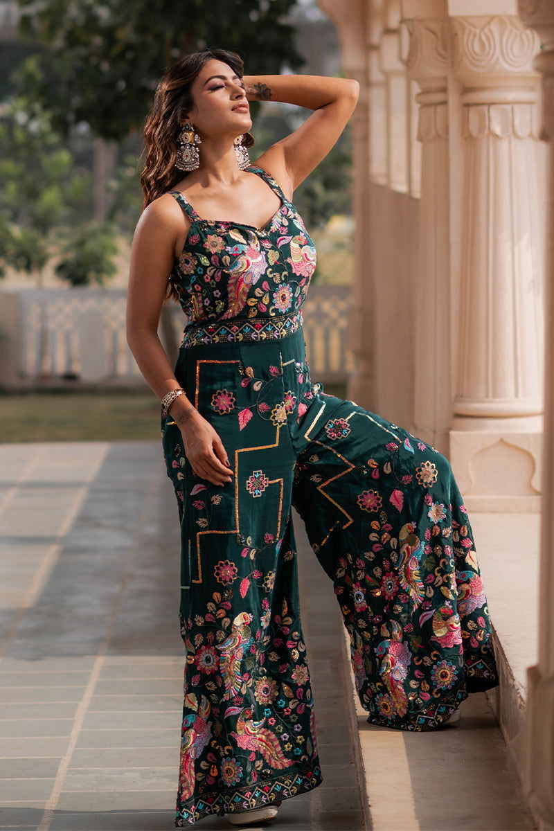 Green Gaji Silk Jumpsuit with Intricate Bird Motif Embroidery - Mayrake - 