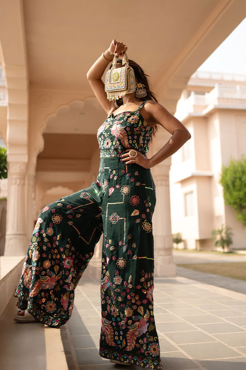 Green Gaji Silk Jumpsuit with Intricate Bird Motif Embroidery - Mayrake - 
